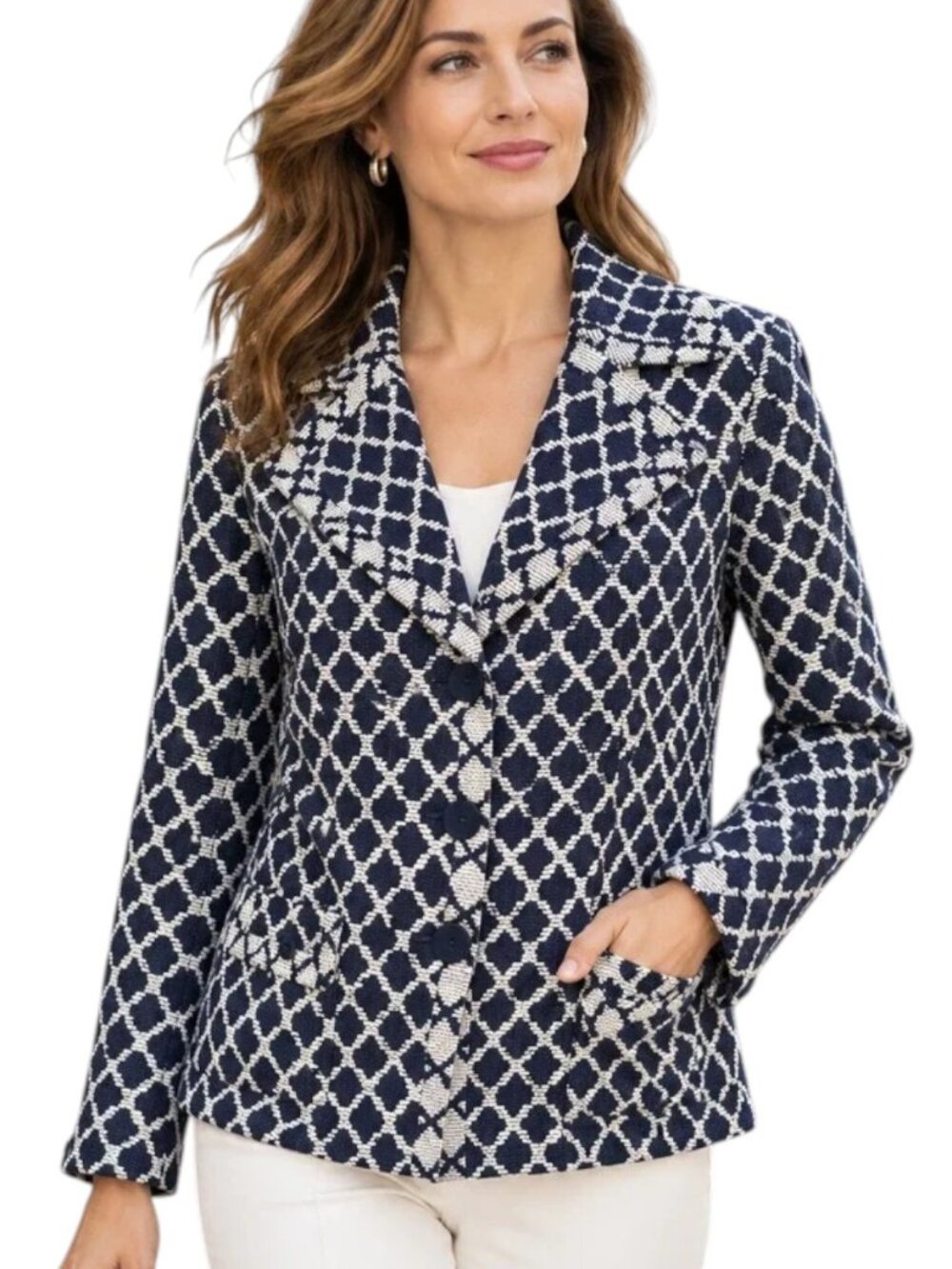 Talbots Cotton Navy Blue White Diamond Lattice Blazer
